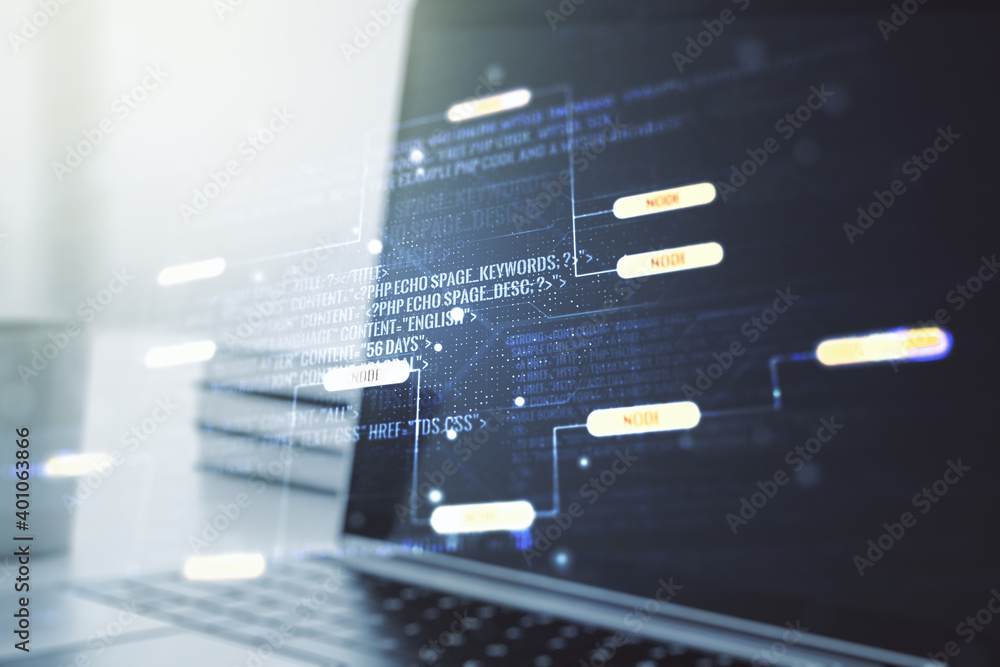 Double exposure of abstract programming language on laptop background ...