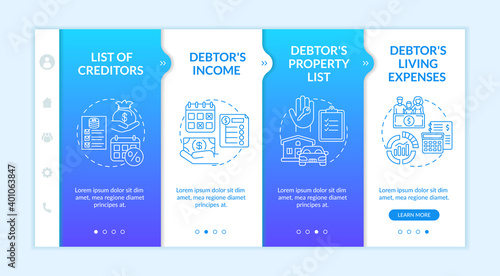 Creditor and debtor documentation onboarding vector template. Property list. House mortgage, loan for car. Responsive mobile website with icons. Webpage walkthrough step screens. RGB color concept