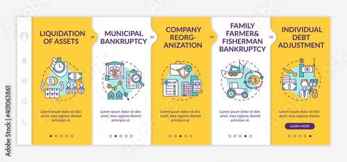 Bankruptcy procedure onboarding vector template. Liquidation of asset. Company reorganization. Responsive mobile website with icons. Webpage walkthrough step screens. RGB color concept