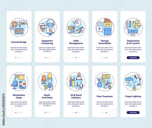 Safe and healthful workplace for workers onboarding mobile app page screen with concepts set. Workspace design walkthrough 5 steps graphic instructions. UI vector template with RGB color illustrations
