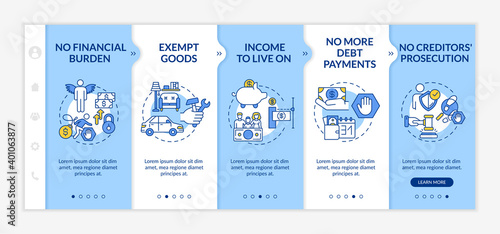 Debt freedom onboarding vector template. No financial burden. Exempt good. Income to live on. Responsive mobile website with icons. Webpage walkthrough step screens. RGB color concept