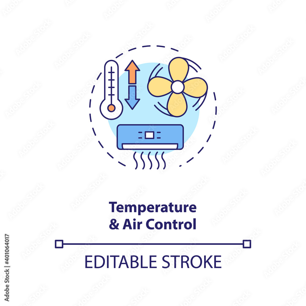 Temperature and air control concept icon. Control room ergonomics idea thin line illustration. Working in hot and cold environments. Vector isolated outline RGB color drawing. Editable stroke Temperature and air control concept icon. Control room ergonomics idea thin line illustration. Working in hot and cold environments. Vector isolated outline RGB color drawing. Editable stroke