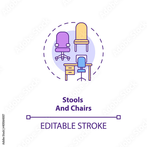 Stools and chairs concept icon. Workplace design idea thin line illustration. Supporting upright posture. Achieving natural curve. Vector isolated outline RGB color drawing. Editable stroke