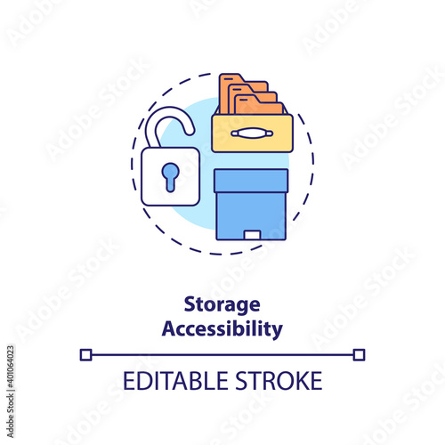 Storage accessibility concept icon. Control room ergonomics idea thin line illustration. Equal access from standing and seated position. Vector isolated outline RGB color drawing. Editable stroke