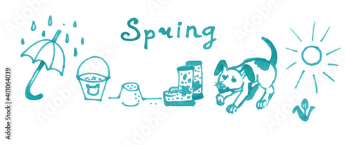 Set of Spring elements. Hand drawn illustration isolated on white background. Pen markers. Monochrome. High quality illustration.