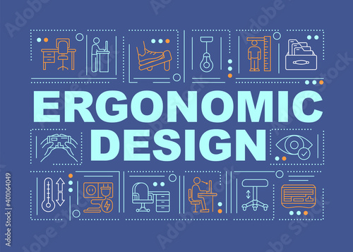 Ergonomic design word concepts banner. Product creation for perfect user experience. Infographics with linear icons on navy background. Isolated typography. Vector outline RGB color illustration