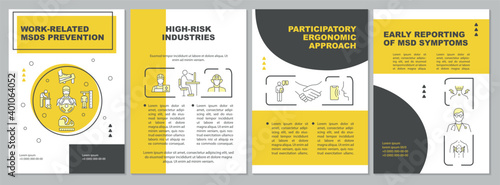 Work related MSDs prevention brochure template. Health care tips. Flyer, booklet, leaflet print, cover design with linear icons. Vector layouts for magazines, annual reports, advertising posters photo