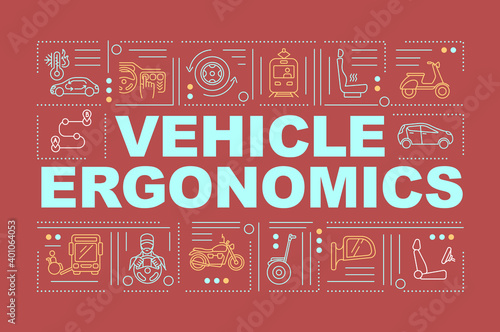 Vehicle ergonomics word concepts banner. Different convinient auto technologies. Infographics with linear icons on red background. Isolated typography. Vector outline RGB color illustration photo