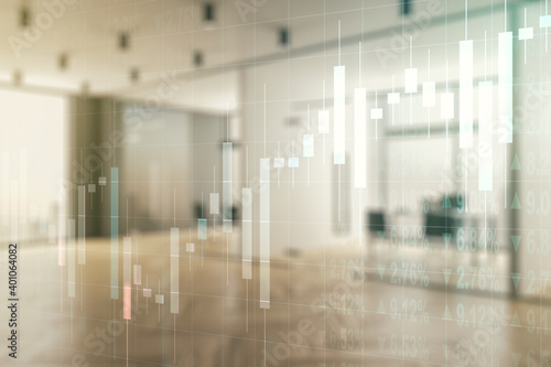 Double exposure of abstract creative financial chart hologram on modern corporate office background  research and strategy concept