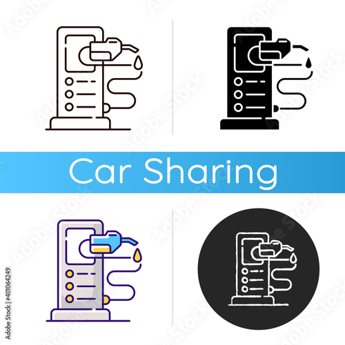 Refueling a car icon. Refilling your automobile fuel tank. Charging electrocar batteries. Using gasoline to move. Linear black and RGB color styles. Isolated vector illustrations