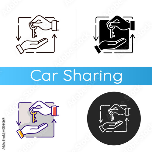 Leasing icon. Contractual arrangement calling for lessee to pay lessor for use of asset. Paying for auto or house. Linear black and RGB color styles. Isolated vector illustrations