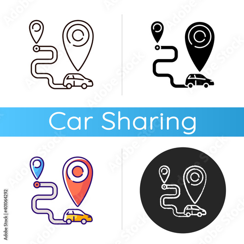 One way carsharing icon. Type of carsharing that enables users to begin and end their trip at different locations. Linear black and RGB color styles. Isolated vector illustrations