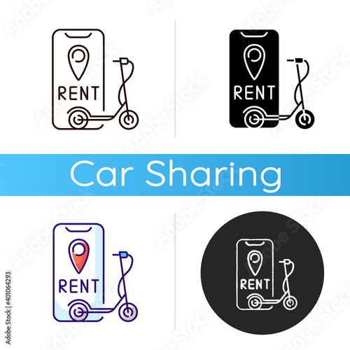 Electric scooter rental icon. Service in which electric motorized scooters are made available to use for short term rentals. Linear black and RGB color styles. Isolated vector illustrations