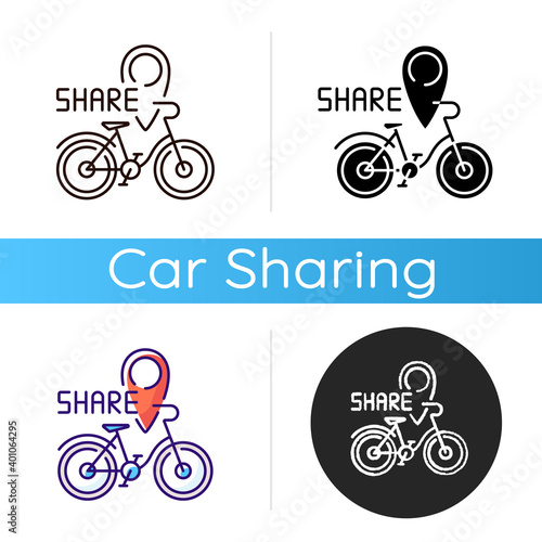 Bicycle sharing system icon. Service in which bicycles are made available for shared use to individuals on short term basis. Linear black and RGB color styles. Isolated vector illustrations