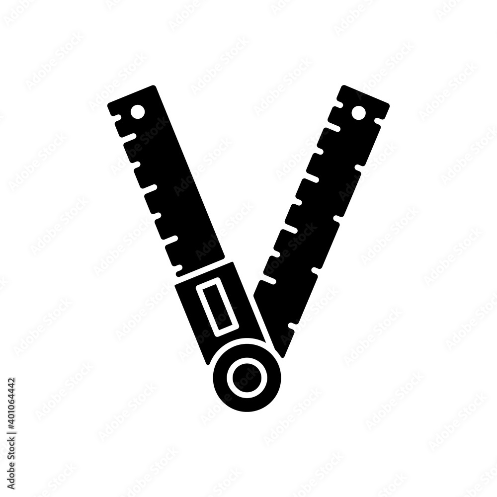 Ruler black glyph icon. Measuring length and draw straight lines. Geometry and technical drawing. Angle finder. Engineering industry. Silhouette symbol on white space. Vector isolated illustration