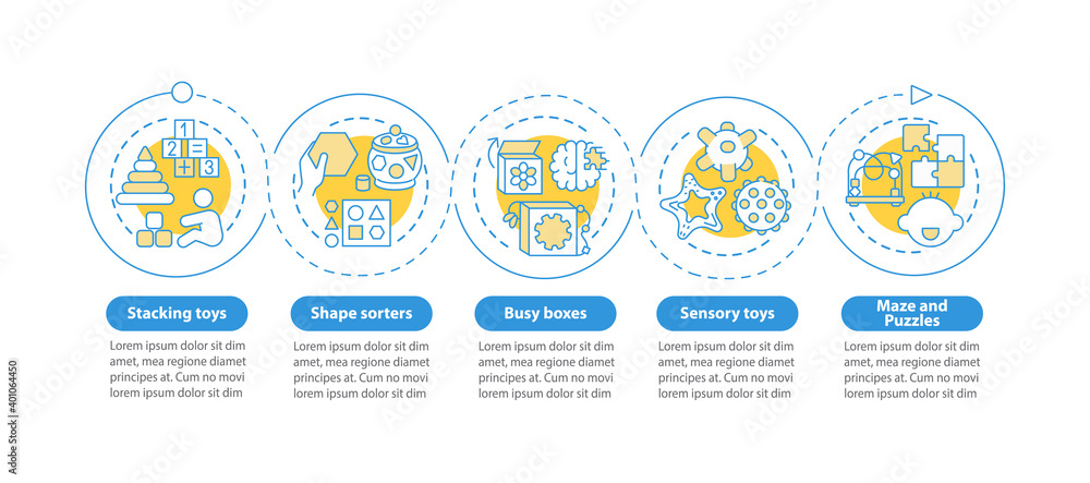 Toys for early child development vector infographic template. Childcare presentation design elements. Data visualization with 5 steps. Process timeline chart. Workflow layout with linear icons