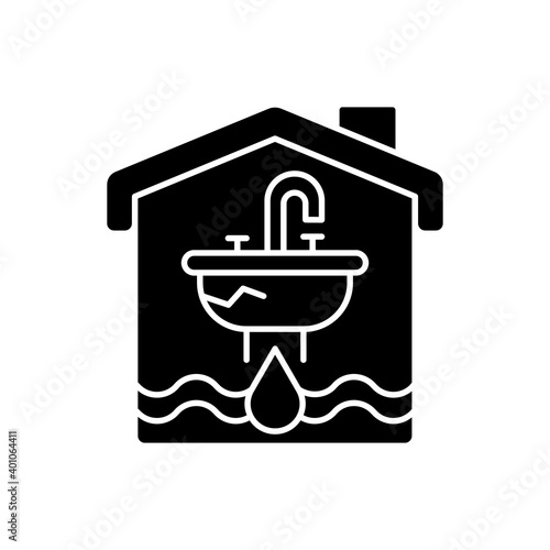 Water damage black glyph icon. Flooding and water leak. Structural, foundational damages. Irreparable destruction to walls and carpet. Silhouette symbol on white space. Vector isolated illustration