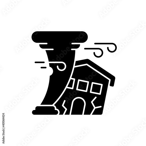 Hurricane black glyph icon. Destroying residential structures. Catastrophic property damage. Outdoor hazards. Homeowners insurance. Silhouette symbol on white space. Vector isolated illustration