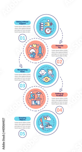 Early childhood development stages vector infographic template. Childcare presentation design elements. Data visualization with 5 steps. Process timeline chart. Workflow layout with linear icons
