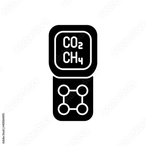 Gas detector black glyph icon. Detecting gas leak and other emissions. Safety system. Concentration in atmosphere measurement. Silhouette symbol on white space. Vector isolated illustration