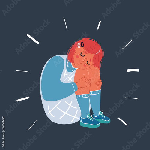 Vector illustration of little girl crying on dark background