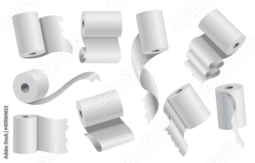 Realistic toilet paper or kitchen towel roll template mockup set isolated vector illustration. Blank white 3d object. Sanitary absorbent paper, rolled around a cardboard cylinder