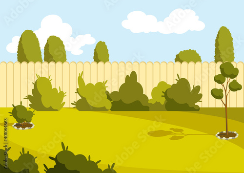Patio area. Sunny back yard with green lawn, fence and trees. Home suburb patio or courtyard area with grass. Outdoor cartoon backyard background vector illustration