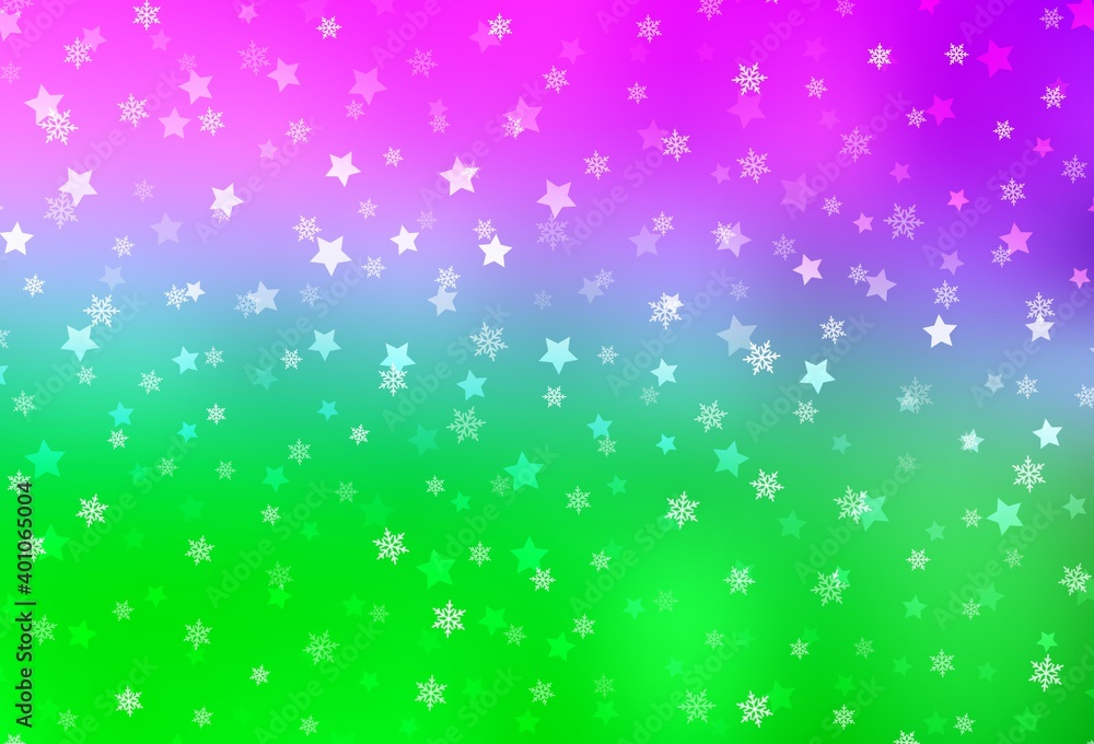 Light Pink, Green vector template with ice snowflakes, stars.