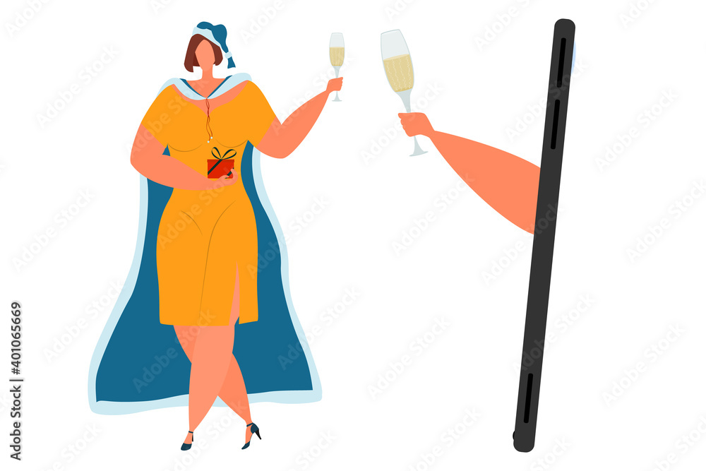 Online party during quarantine. Woman celebrates christmas with people via internet. Beautiful girl holding a glass of champagne and a gift.