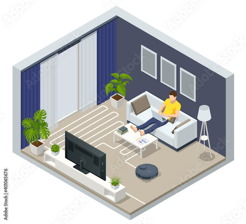 Isometric Robot vacuum cleaner performs automatic cleaning of the apartment at a certain time. Controlling vacuum with remote control. Smart home.