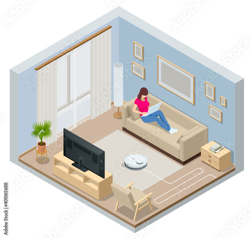 Isometric Robot vacuum cleaner performs automatic cleaning of the apartment at a certain time. Controlling vacuum with remote control. Smart home.