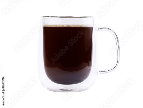 A glass cup of coffee isolated on a white background. A mug of black coffee isolated