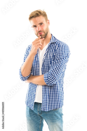 In his own style. hairdresser service concept. skin and hair care. handsome young man wear checkered shirt. casual male fashion style. unshaven guy has groomed hair isolated on white background