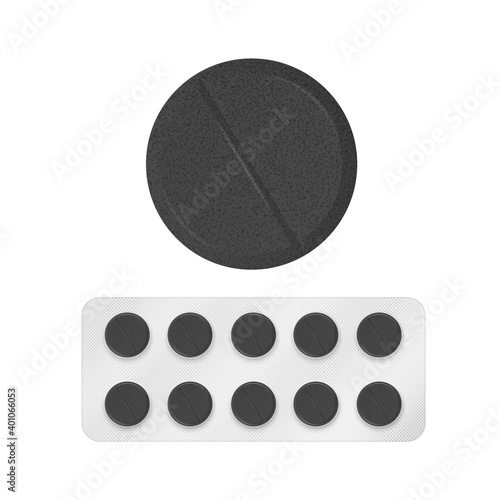 Blister packs of activated carbon tablets on transparent background. Vector illustration with shadow