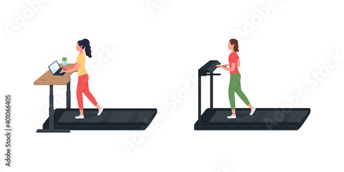 Sport training working woman flat color vector faceless character set