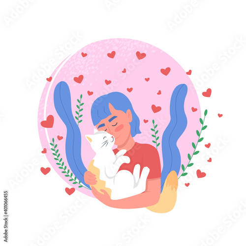 Pet owner affection to cat flat concept vector illustration