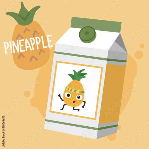 Pineapple juice box carton with cute pineapple character.Vector illustration.