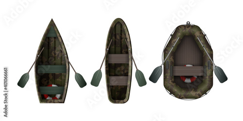 Fishing and tourism boat set with hakki color. View from above. For kayaking and rowing. Vector illustration isolated on white background. Realistic style.