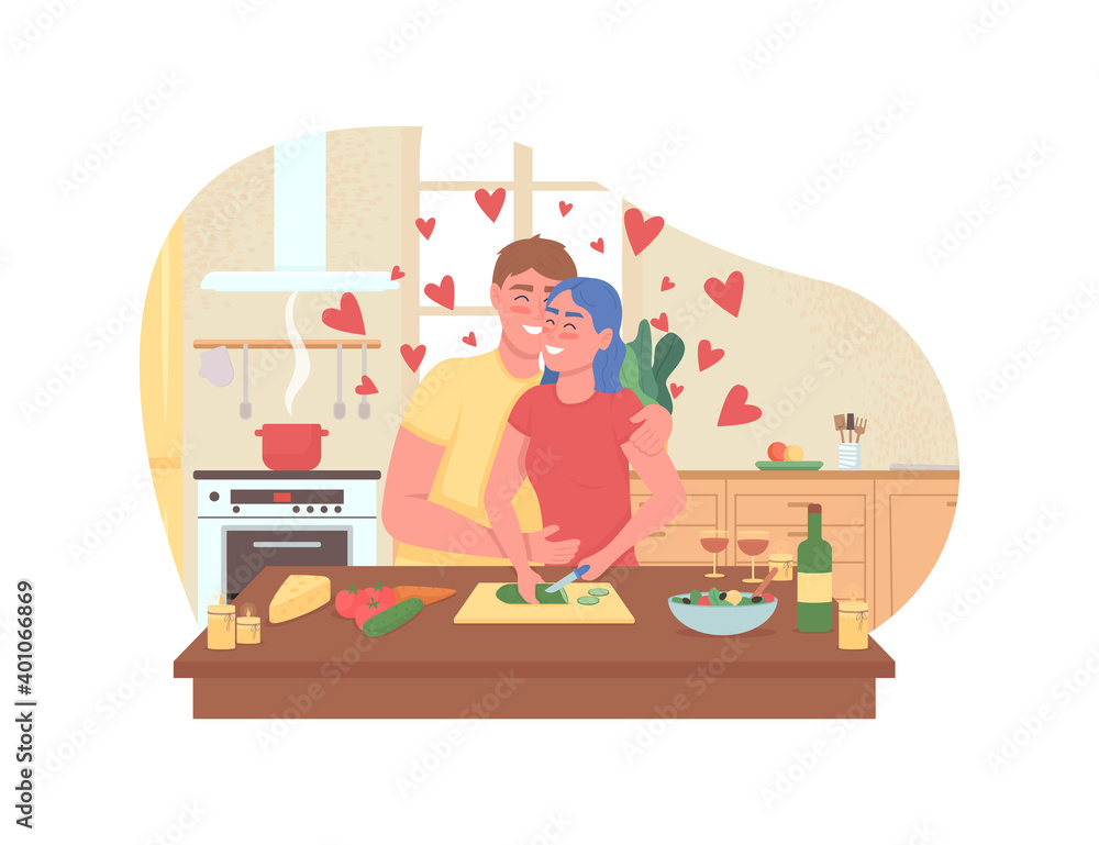 Couple cooking romantic dinner 2D vector web banner, poster Couple cooking romantic dinner 2D vector web banner, poster