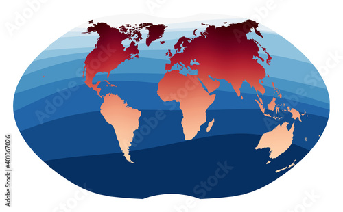 World Map Vector. Ginzburg IV projection. World in red orange gradient on deep blue ocean waves. Elegant vector illustration.