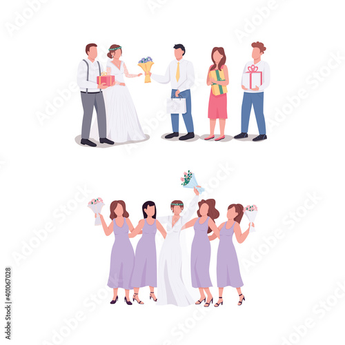 Bride and groom with guests flat color vector faceless character set