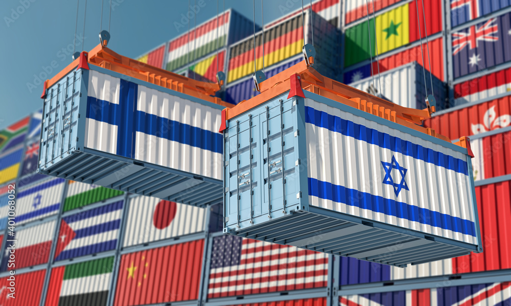 Freight containers with Finland and Israel national flags. 3D Rendering 