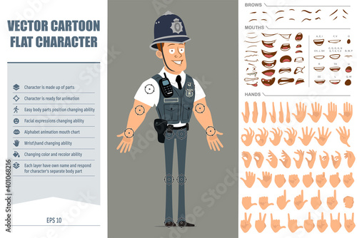 Cartoon flat funny strong policeman character in bulletproof vest with radio set. Ready for animations. Face expressions, eyes, mouth and hands easy to edit. Isolated on gray background. Vector set.