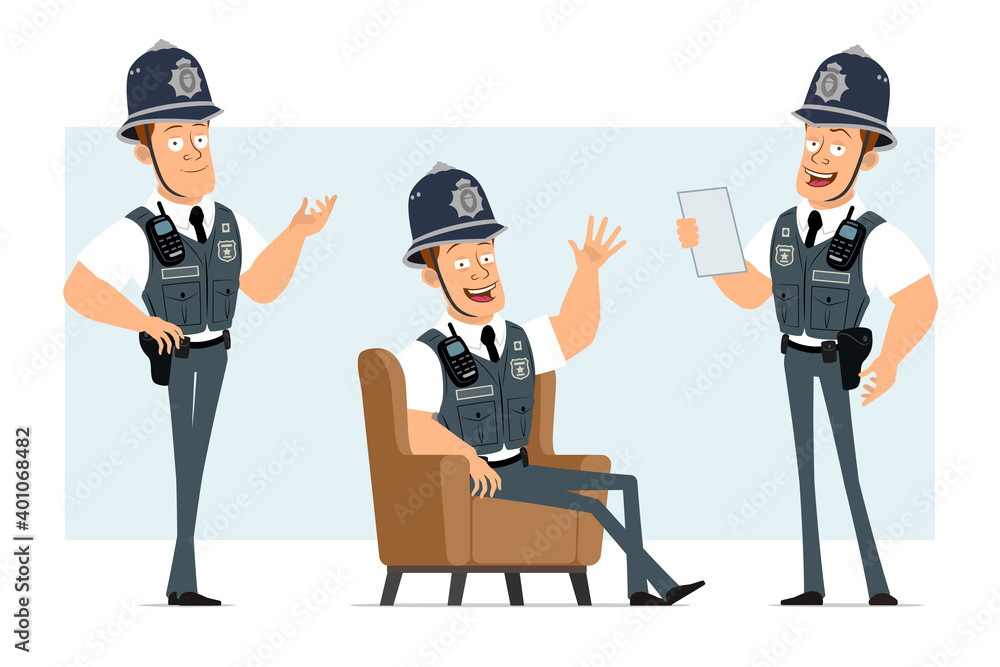 Cartoon flat funny strong policeman character in bulletproof vest with radio set. Boy posing, resting and reading document. Ready for animation. Isolated on blue background. Vector set.