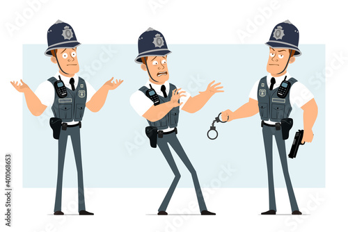 Cartoon flat funny strong policeman character in bulletproof vest with radio set. Boy scared, holding pistol and handcuffs. Ready for animation. Isolated on blue background. Vector set.