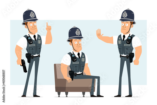 Cartoon flat funny strong policeman character in bulletproof vest with radio set. Boy showing warning, attention and stop gesture. Ready for animation. Isolated on blue background. Vector set.