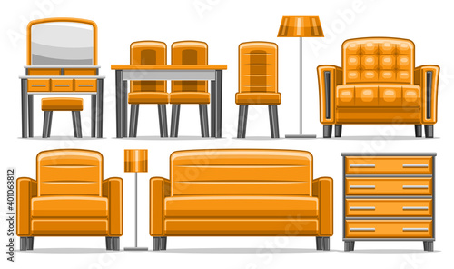 Vector Furniture Set, collection of cut out illustrations of trendy orange furniture for living room interior, set of isolated decorative furnitures for store showroom display on white background.