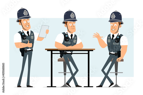 Cartoon flat funny strong policeman character in bulletproof vest with radio set. Boy posing and reading document. Ready for animation. Isolated on blue background. Vector set.