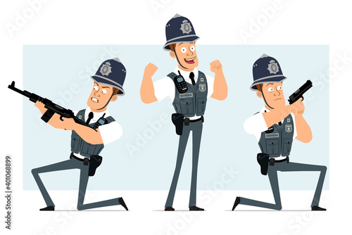 Cartoon flat funny strong policeman character in bulletproof vest with radio set. Boy holding automatic rifle and pistol. Ready for animation. Isolated on blue background. Vector set.