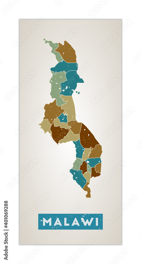 Malawi map. Country poster with regions. Old grunge texture. Shape of Malawi with country name. Astonishing vector illustration.
